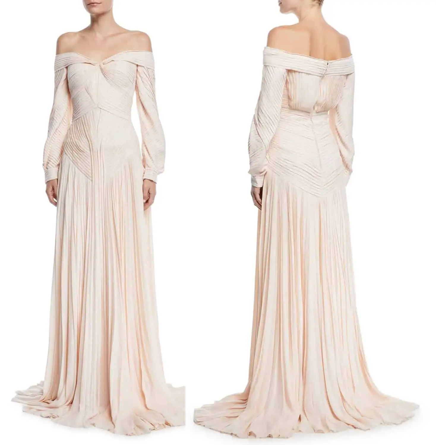 Zac Posen Off-The-Shoulder Pleated Long-Sleeve Gown